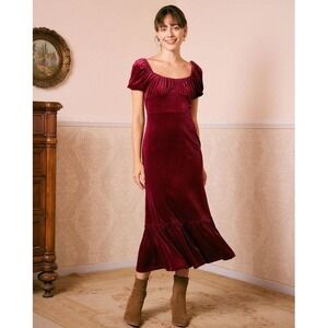 Rihoas Square Neck Velvet Midi Dress Size Small Red Puff Sleeve Milkmaid Dress